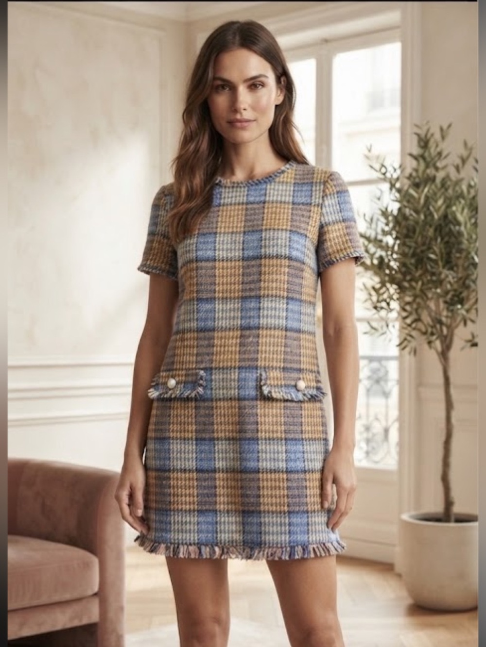 Zara Trafaluc Pastel Plaid Tweed Fringed Pearl Accent Mini Dress Preppy